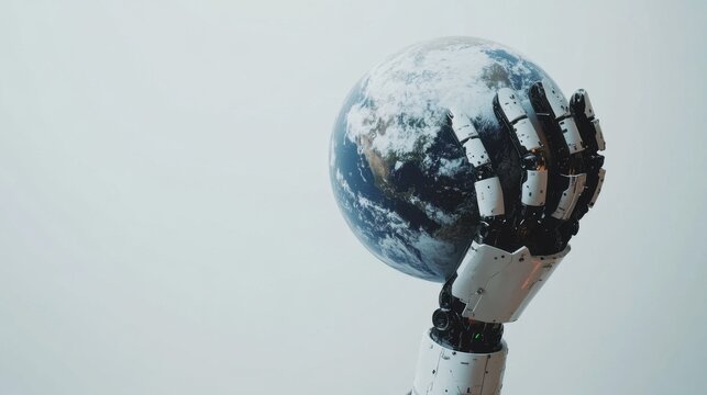 Robot hand holding planet earth on white background. Smart home, technologies  - Powered by Adobe