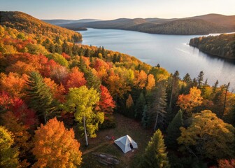 Obraz premium Autumn Camping Paradise: Aerial View of Tent Between Two Lakes