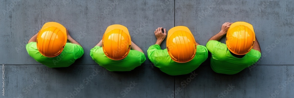 Poster modern industrial aesthetic overhead view of diverse hardhat crew on concrete surface - team synergy