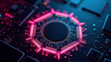 Futuristic Circuit Board with Circular Chip and Neon Lights Effect