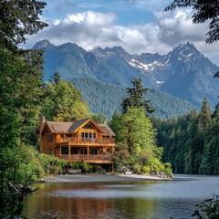 Fototapeta premium cozy wood cabin overlooking a pristine lake, framed by dense forests and majestic mountains, showcasing the tranquility of the natural landscape