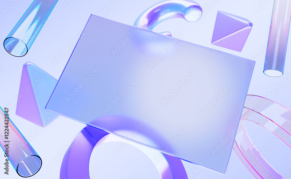 Poster 3d holographic glass morphism frame with geometric shapes render. Transparent rectangle card surface with blur effect, iridescent neon dynamic figures on abstract gradient background. 3D illustration