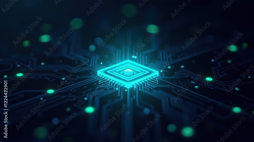 Poster microchip design with neon circuit elements in a dark background