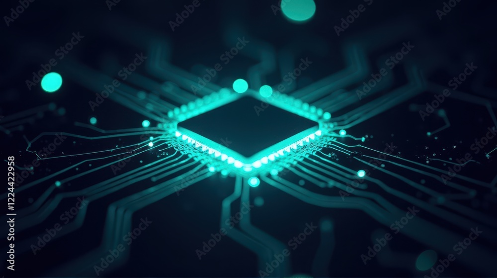 Poster futuristic microchip design with neon circuit patterns and glow effects
