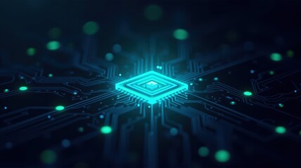 Fototapeta premium Microchip Design with Neon Circuit Elements in a Dark Background