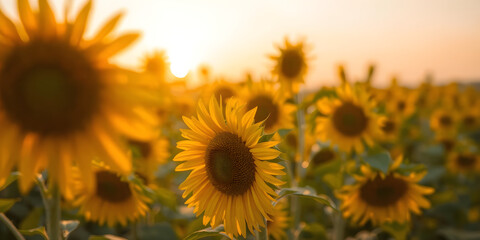 Fototapeta premium A glowing blurred scene of a sunflower field during golden hour, vibrant and warm, ultra-HD.