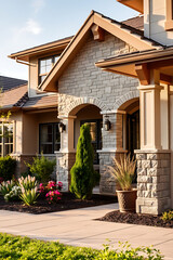 Luxury Home Exterior: Stone Facade, Landscaping, and Modern Design