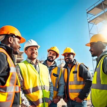 Un hombre blanco con casco y chaleco de seguridad, junto con tres trabajadores negros, recibiendo capacitaci&oacute;n de seguridad para trabajos de construcci&oacute;n.