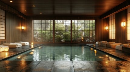 Fototapeta premium Traditional Japanese bathhouse with wooden walls and hot soaking tub in serene setting