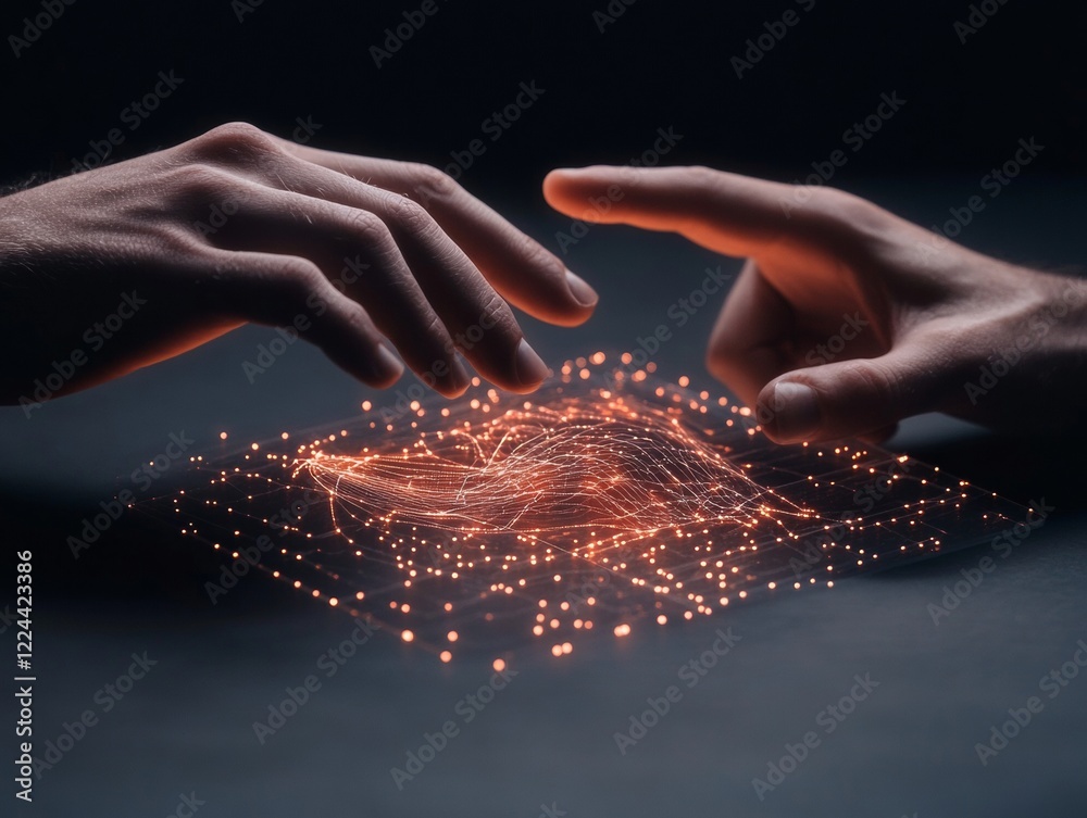 Aufkleber Futuristic Holographic Interface Design Human Hands Engaging with Digital Dashboard for Enhanced Business Productivity and Data-Driven Innovations in Technology-Driven Workplaces