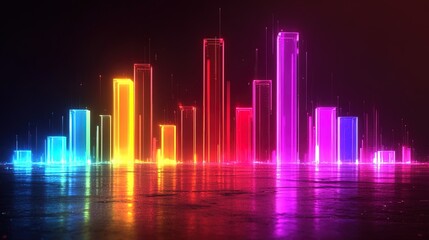 Naklejka premium Glowing bar chart with data animations, electric colors and transparent data points