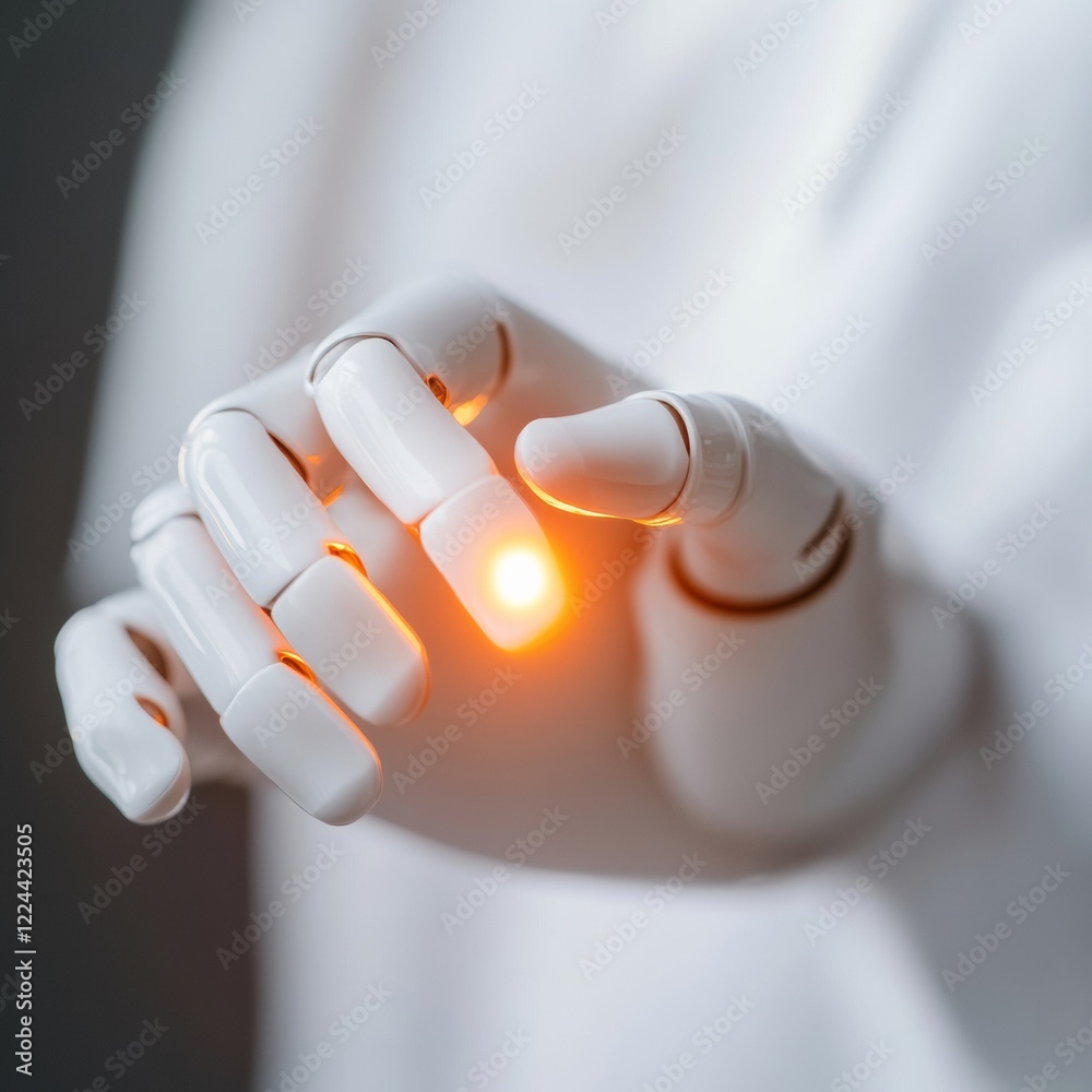 Poster Sleek Futuristic Robotics White Polymer Robot Hand with Biometric Scanner Light - Advanced Cybersecurity Interface for Cutting-Edge Business Solutions
