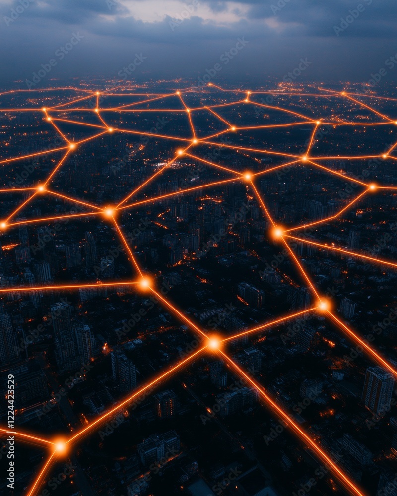 Aufkleber Smart City Network Visual Futuristic Neon Overlay on Urban Skyline - Data Protection Imaging and IoT Security Solution Showcasing Interconnected Systems for Modern Infrastructure Development
