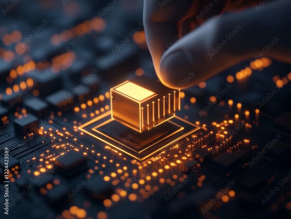 Poster High-Tech Cybersecurity Visualization Circuit Board with Neon Data Chip in an Urban Futuristic Interface - AR/VR Solutions for Enhanced Digital Security in Business Innovation