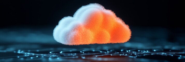 Futuristic Cloud Computing of Orange Digital Cloud with Circuit Board Texture - Secure Data Solutions for Tech Innovations and Cloud Infrastructure