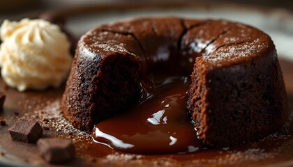 Create a hyper-realistic 8k close-up image of a freshly baked chocolate lava cake with a perfectly cracked top. The cake should have a glossy, slightly cracked outer layer, with a molten cho