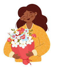 Smiling African American woman holding a bouquet of flowers. Hand drawn.