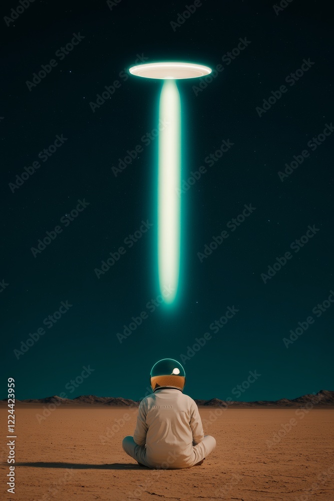 Poster futuristic sci-fi imagery reflective astronaut helmet embracing alien encounter in luminescent green