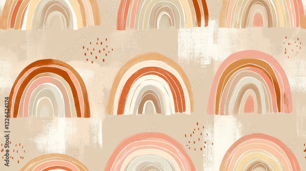 Poster Lively and captivating, the seamless design showcases overlapping abstract rainbows in rich colors, blending harmoniously with a soft beige background, ideal for various artistic uses