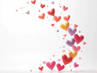 Vibrant Multicolor Heart Shapes on a White Background: A Stunning Realistic Rendering of Individually Colored Hearts in Rainbow Tones, Featuring a Smooth, Glossy, and Aesthetic 3D Digital Design