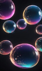 Glowing soap bubbles against a dark, gradient background with neon accents and shimmering effects, contrasting colors, glowing texture, dramatic lighting