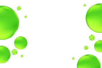 Glowing green 3D liquid bubbles or fluid jelly droplets isolated, transparent background. Aesthetic fresh composition for cosmetology, beauty science, skin care molecular concept.