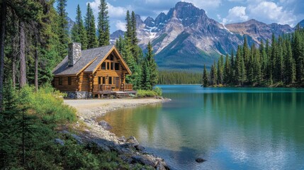 Fototapeta premium cozy wood cabin overlooking a pristine lake, framed by dense forests and majestic mountains, showcasing the tranquility of the natural landscape