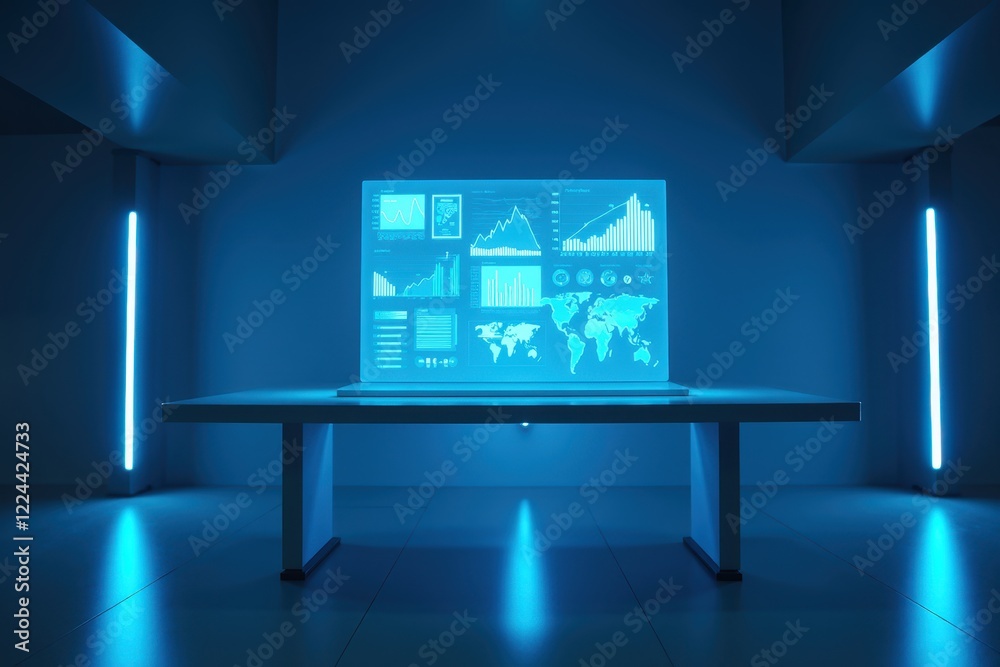 Poster futuristic table displaying ai data management in a dark environment