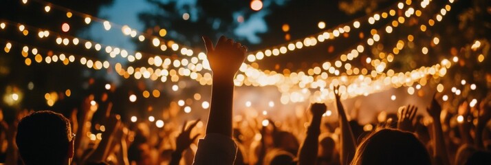 Obraz premium Bohemian Outdoor Concert Vibes Indie Band on Rustic Stage with Festive Lighting - Capturing Youthful Energy and Community Engagement in Cultural Event Advertising