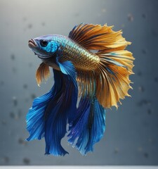 Fototapeta premium Golden and blue scales glisten on the betta's body , golden blue fish, oil painting