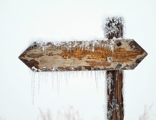 Frosty wooden arrow sign covered in ice and snow.