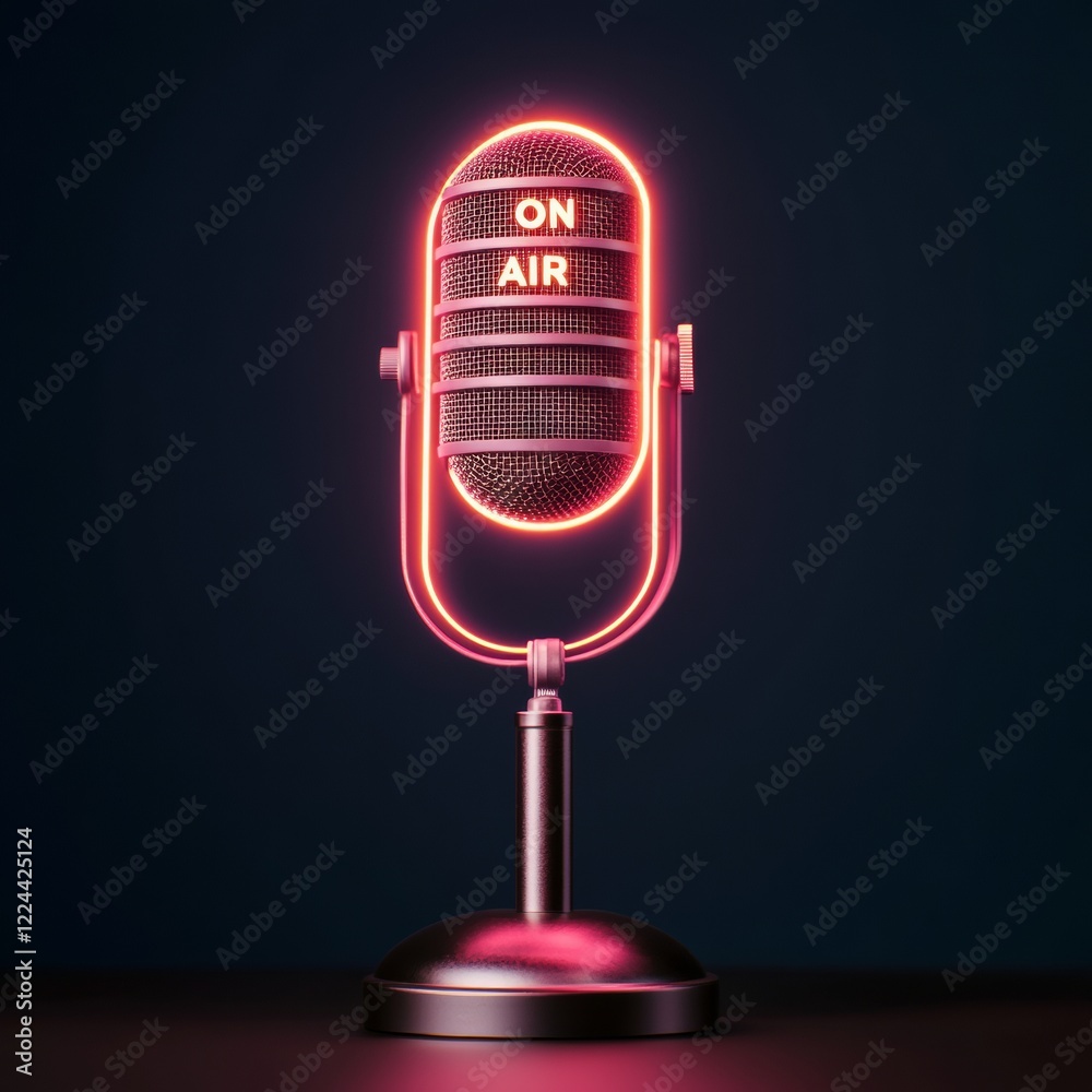 Aufkleber Neon-Lit Broadcast Studio Retro Microphone on Sleek Metal Base with ON AIR Sign Modern Audio Production for Dynamic Media Environments and Engaging Content Creation