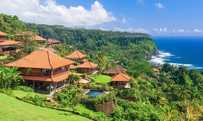 Tropical resort villas on a lush green cliff overlooking the ocean