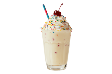 Vanilla milkshake with whipped cream, sprinkles and cherry on top isolated on white or transparent, PNG
