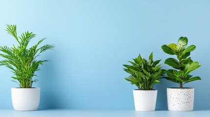 Fototapeta premium Indoor plants, pots, blue wall, home decor, website banner
