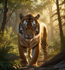 Fototapeta premium Golden light on tigers back as it moves through the underbrush, wildlife, camouflage, ferns