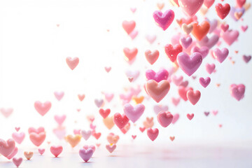 Obraz premium Vibrant Multicolor Heart Shapes on a White Background: A Stunning Realistic Rendering of Individually Colored Hearts in Rainbow Tones, Featuring a Smooth, Glossy, and Aesthetic 3D Digital Design