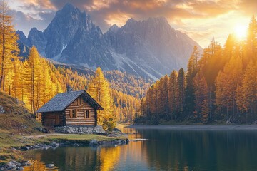 Fototapeta premium cozy wood cabin overlooking a pristine lake, framed by dense forests and majestic mountains, showcasing the tranquility of the natural landscape