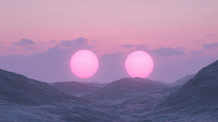 Double Pink Sun Setting Over a Mountainous Landscape