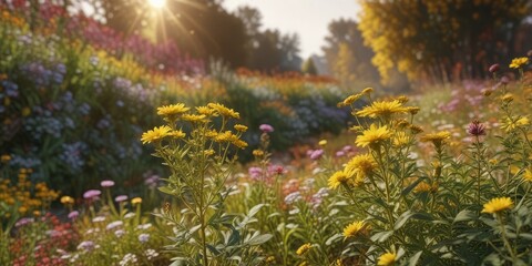 Obraz premium Goldenrod flowers growing among other autumn plants such as asters and chrysanthemums, , fall landscaping, chrysanthemum flowers