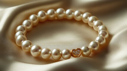 Obraz premium Elegant Pearl Bracelet with Gold Heart Charm on Satin Fabric