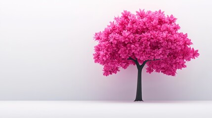 Fototapeta premium Pink tree stands in front of a white wall. The tree is the main focus of the image, and it is the only object in the scene. The pink color of the tree creates a sense of calm and tranquility