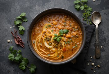 A vibrant bowl of chickpea soup with pasta and fresh herbs on dark surface