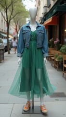 Naklejka premium Green dress with denim jacket on mannequin in city street