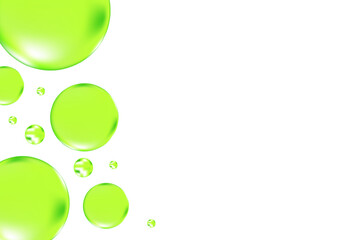 Glowing green 3D liquid bubbles or fluid jelly droplets isolated, transparent background. Aesthetic fresh composition for cosmetology, beauty science, skin care molecular concept.