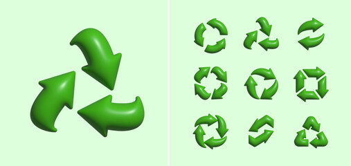 Recycling symbols with curved arrows. Environmental sustainability, waste reduction, eco branding. Suitable for eco campaigns, packaging, and green industry designs. 3D vector illustration