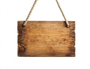 Fototapeta premium Rustic wooden sign hanging on rope, isolated on white. (2)