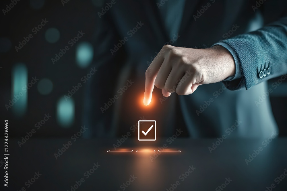 Poster hand touching digital checkbox interface with light effects in a modern workspace setting