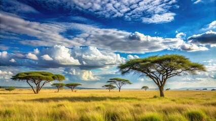 Fototapeta premium Grassy savanna with acacia trees and a few clouds in the sky, natural beauty, trees