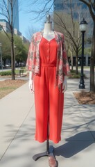 Fototapeta premium Coral jumpsuit with floral kimono on mannequin in sunny street